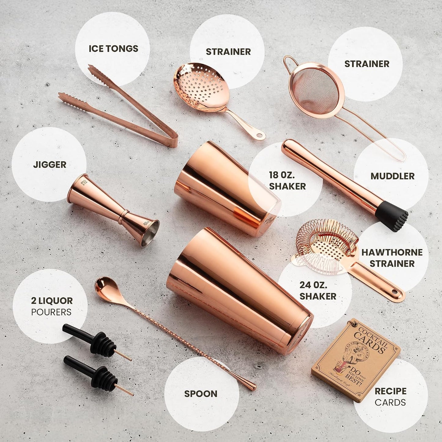 Juego coctelera cobre lujo con jigger y coladores para bares