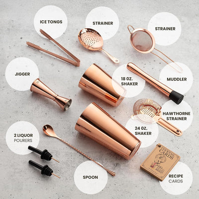 Juego coctelera cobre lujo con jigger y coladores para bares