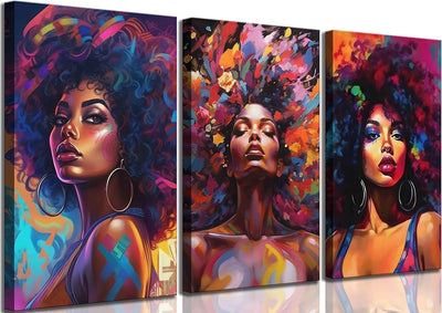 3 Pzas Arte Pared Afro Niña Colorido Moderno Abstracto