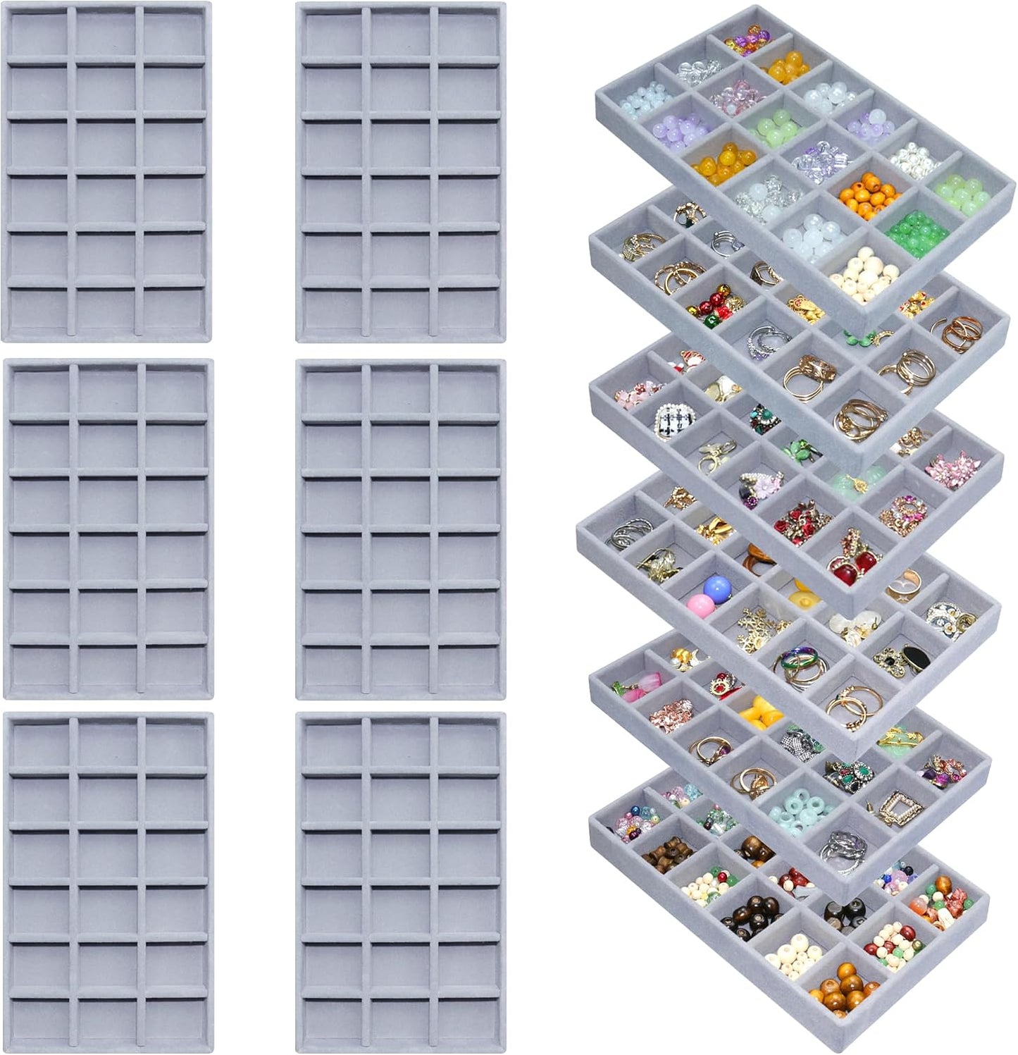 Pack 12 bandejas cajón organiz. joyería 216 rejillas gris