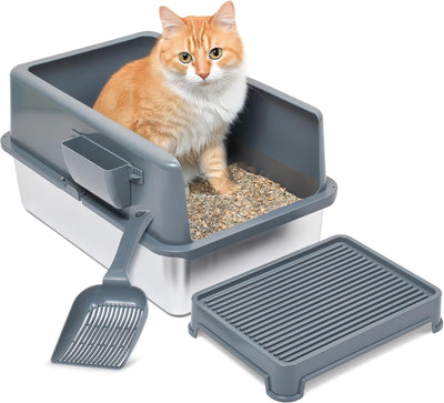 Caja arena gatos acero inox XL con recinto gris
