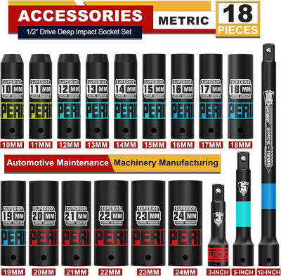 Set 18 Pzas 1/2" acero CR-V con barras 7.6cm 12.7cm 25.4cm