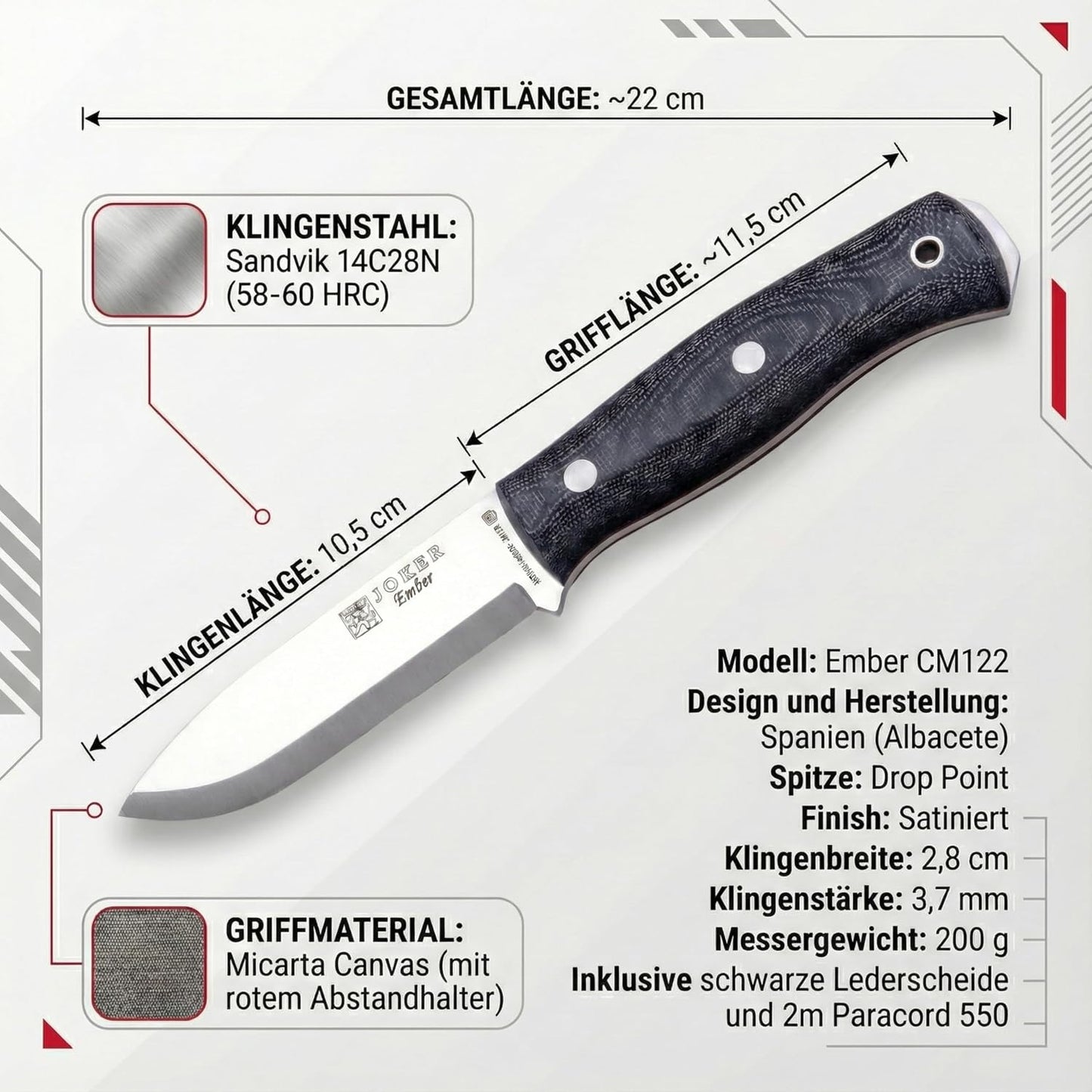 Cuchillo Ember Scandi con hoja acero Sandvik 14C28N 4.13pulg