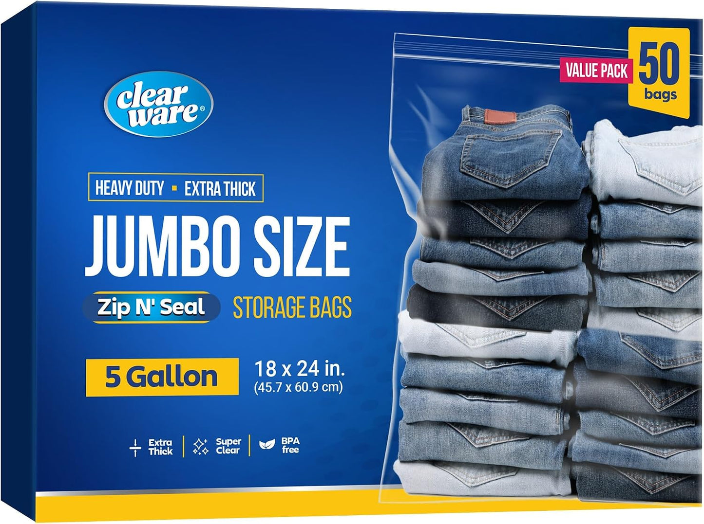 50 Bolsas Almacenamiento 5gal 18x24" Plástico Reutilizables