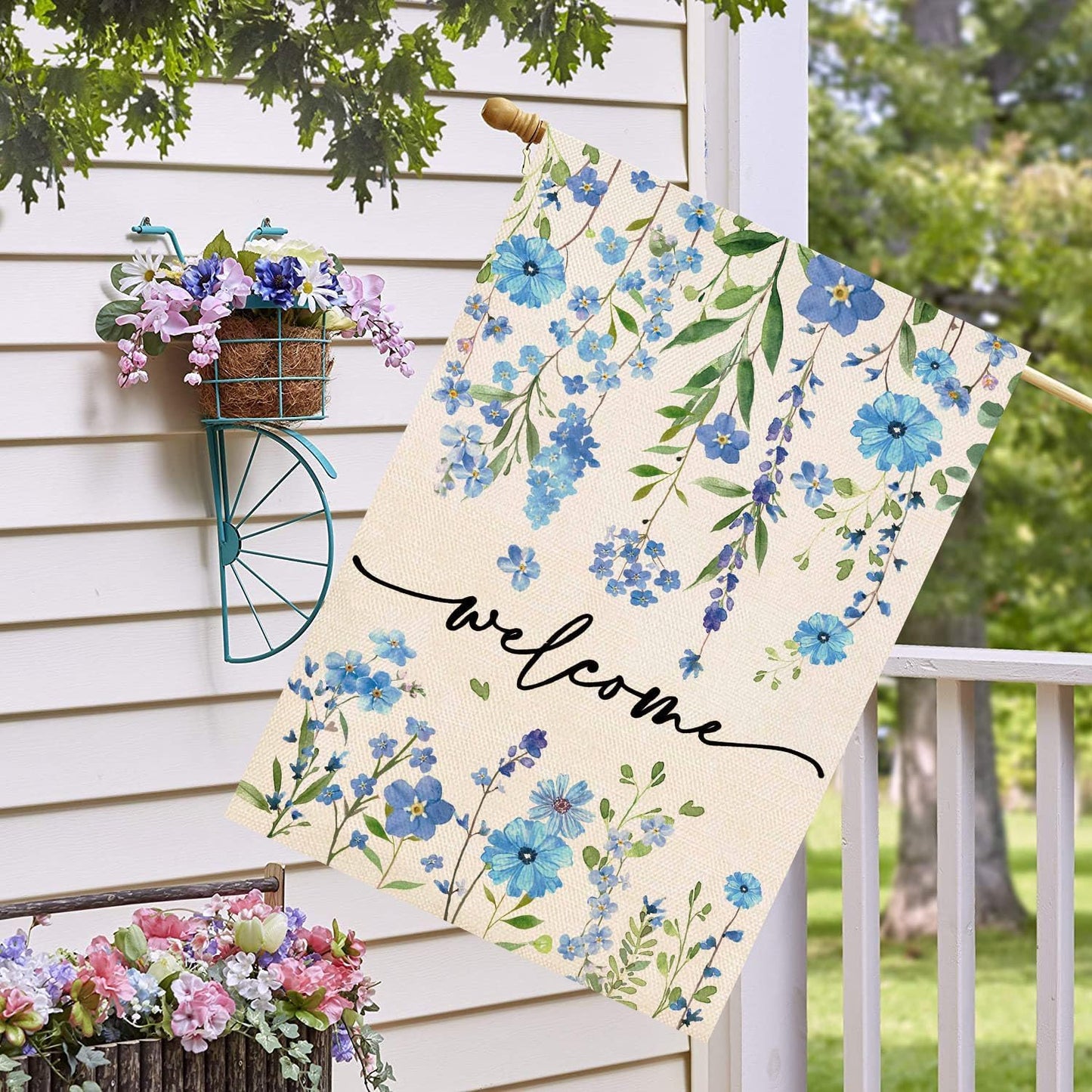 Bandera jardín floral azul doble cara 28x40"