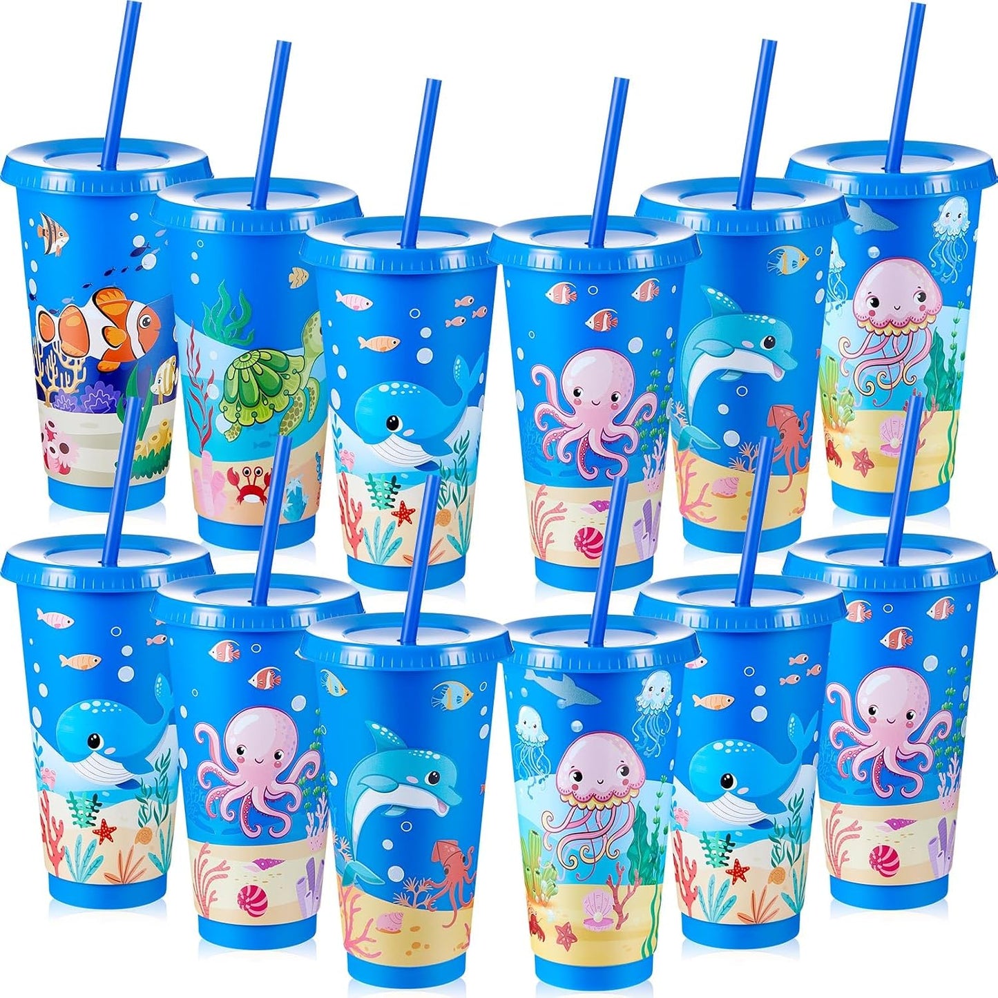 12 Pzas Vasos Bajo el Mar 24oz Reutilizables