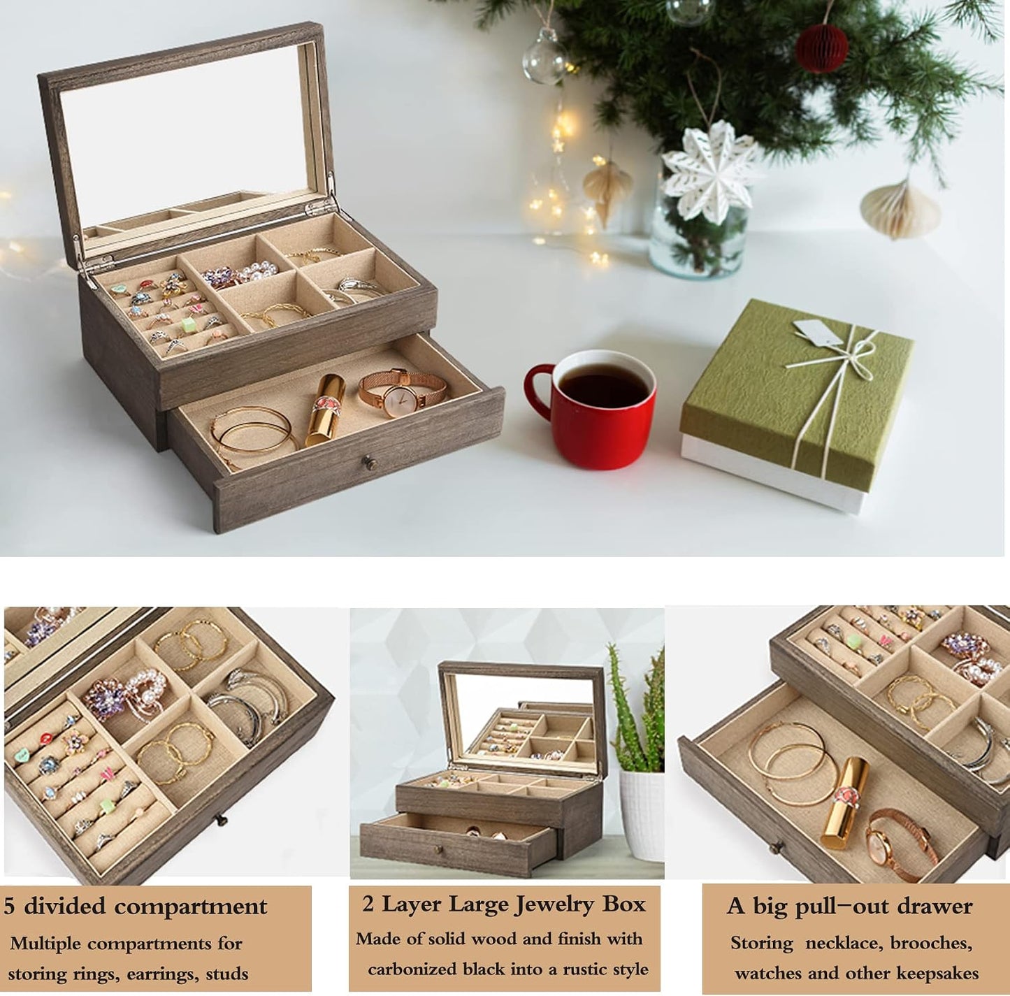 Caja joyería madera rústica con espejo y bandeja anillos