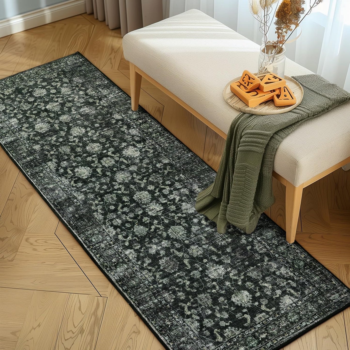 Alfombra bohemia 2x6ft antiderrap lavable color verde
