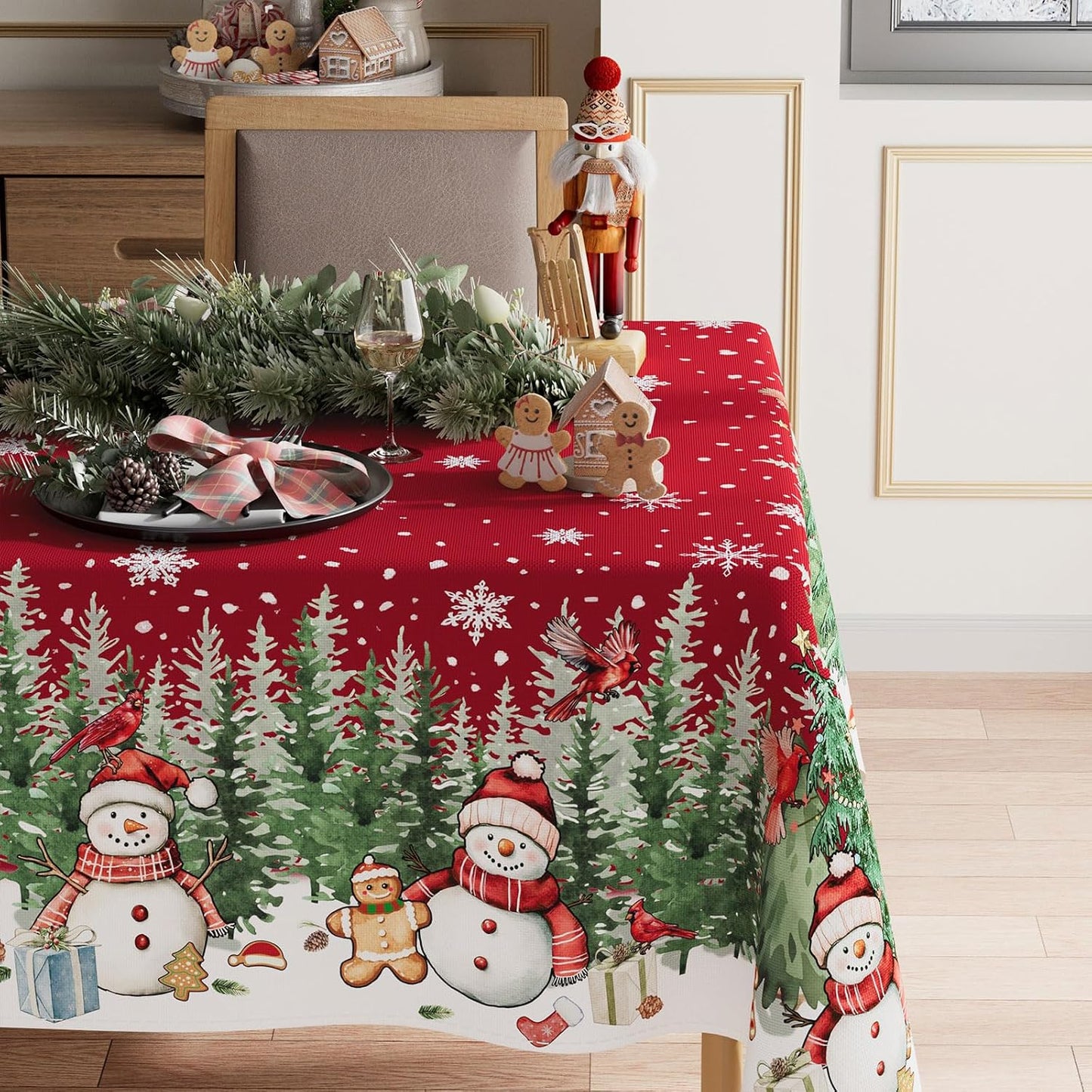 Mantel navideño rectangular con muñeco nieve y árbol lavable