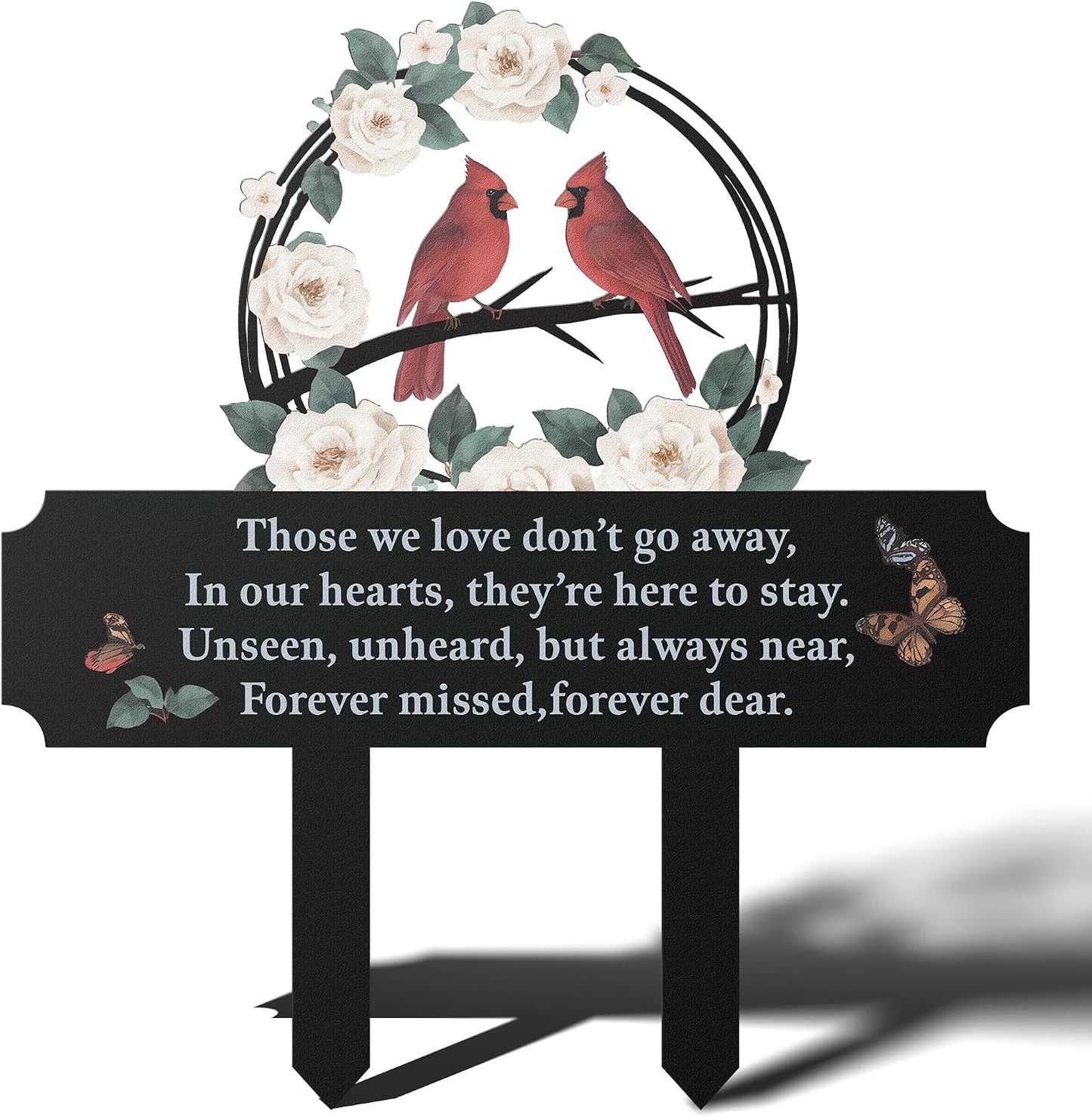 Marcadores tumba con flores cardenal y placas metal