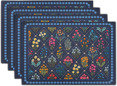Set 4 Manteles Individuales Estampado Flores Azul Oscuro