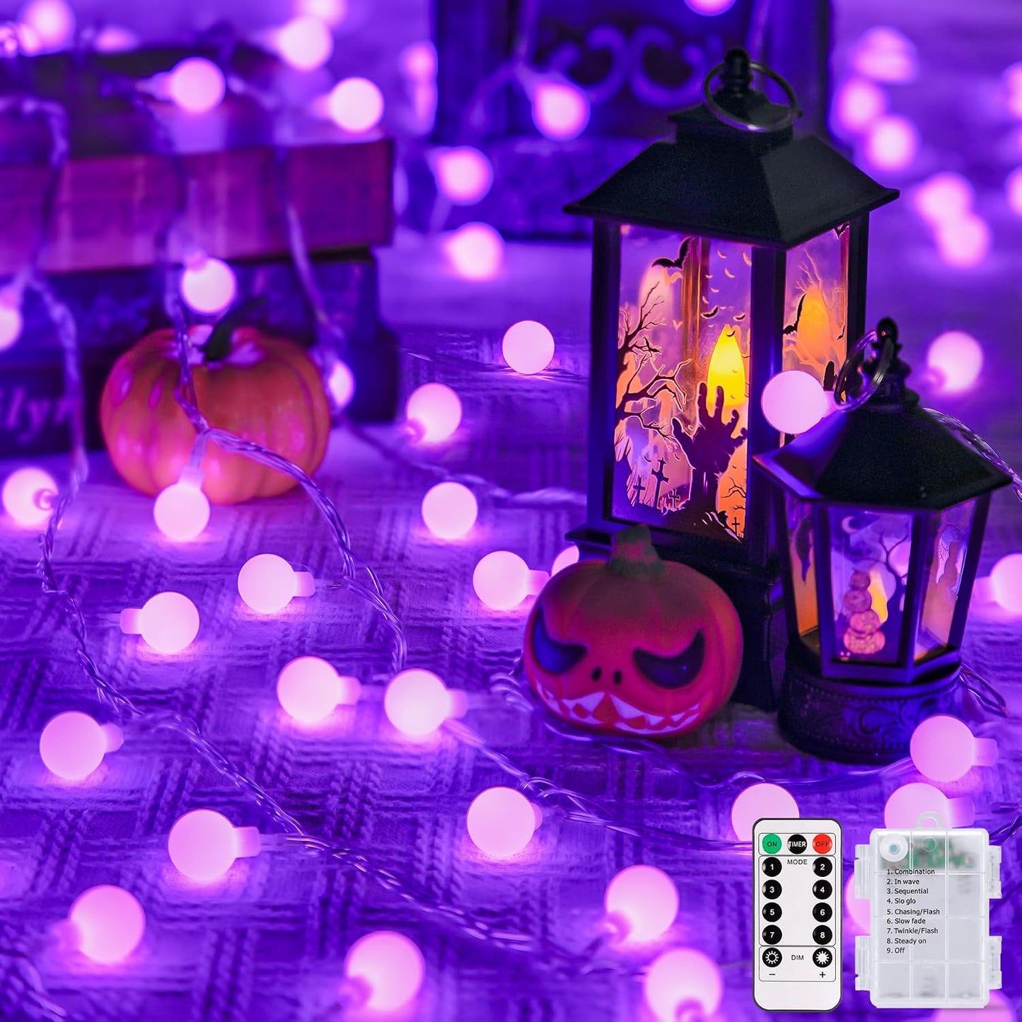 Luces Halloween moradas 33ft 100 LED con control remoto