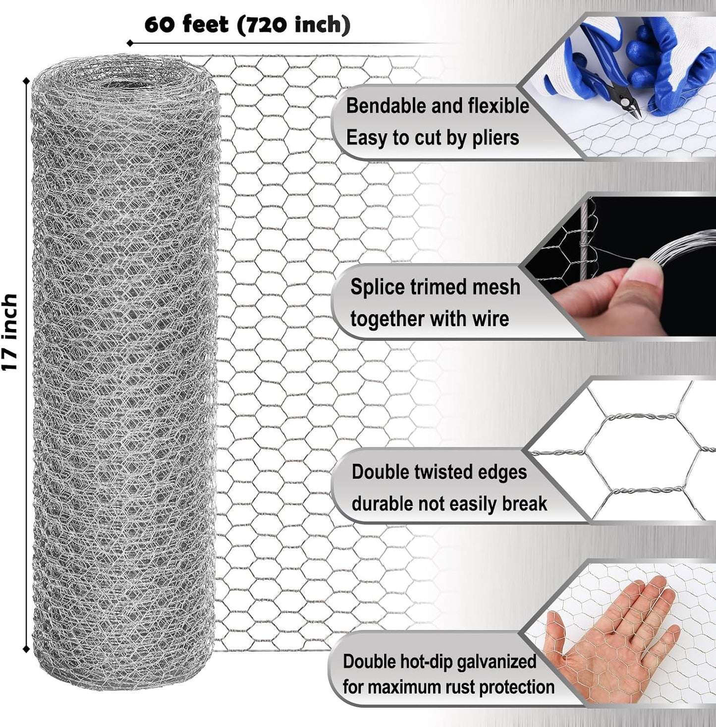 Malla alambre para pollos 17pulg x60ft galvanizada hexagonal