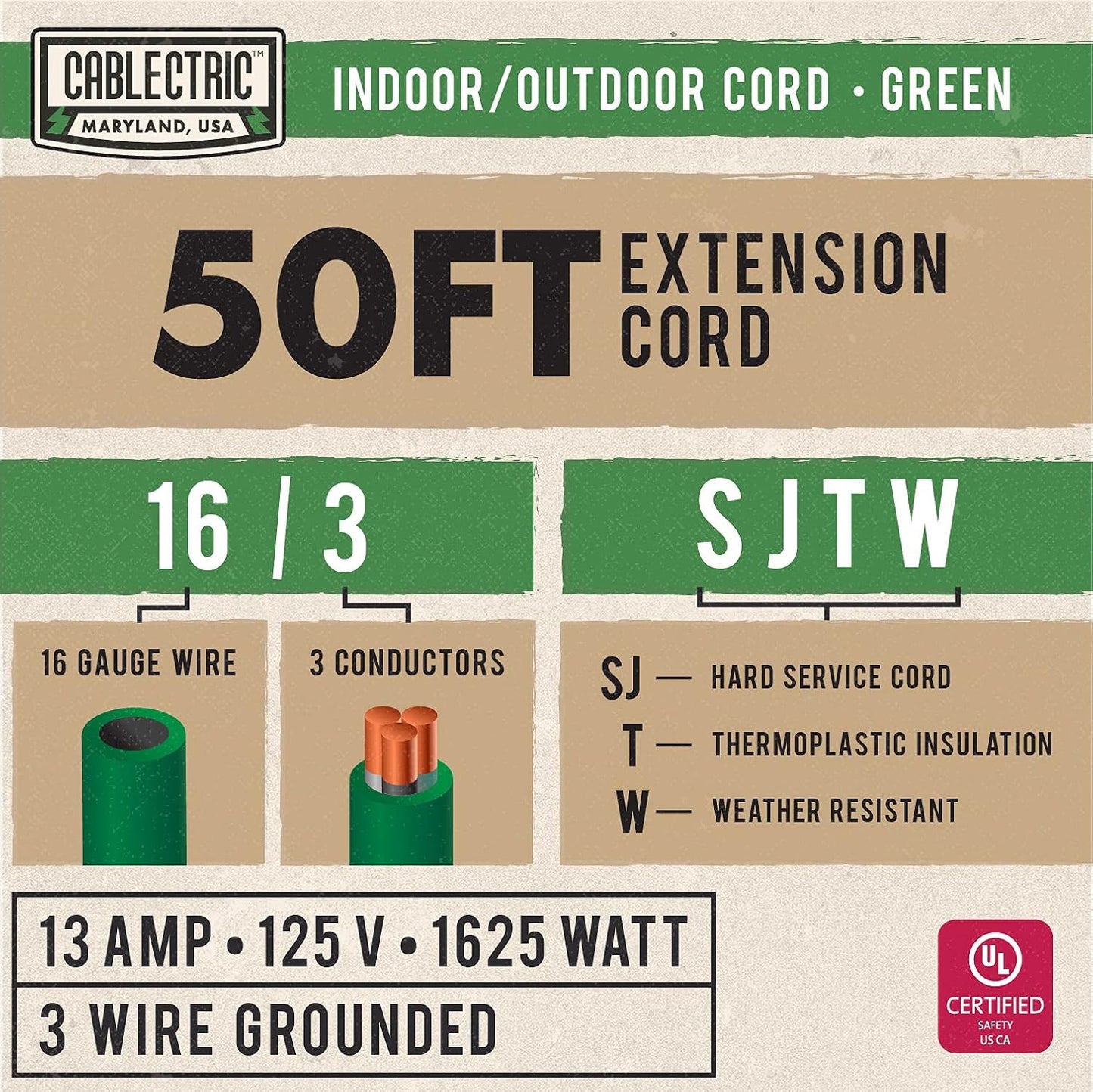 Cable extensión exterior 50ft 3 puntas 16/3 sjtw verde 13A