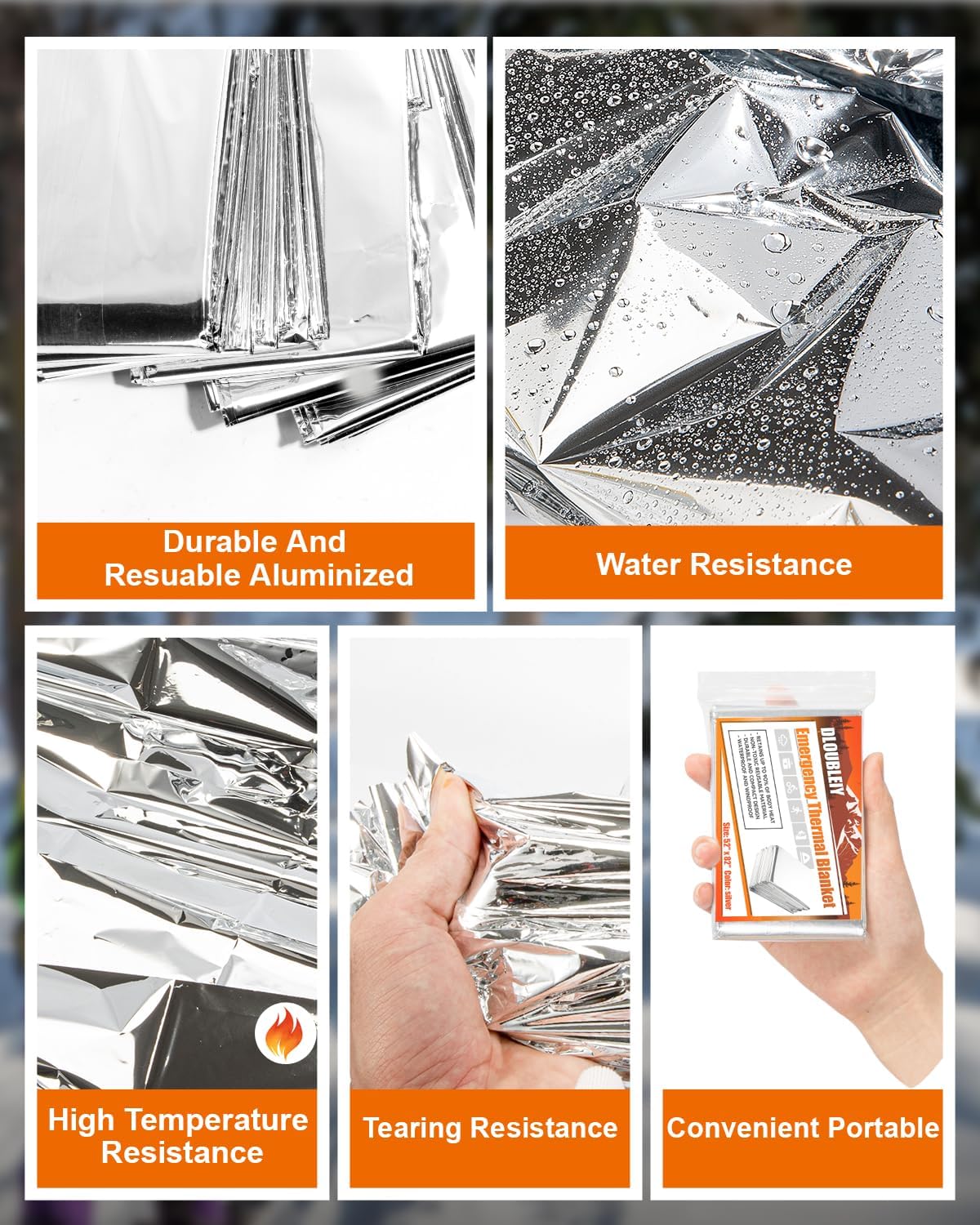 5 Mantas Térmicas Mylar Reutilizables para Campamento y Emergencias