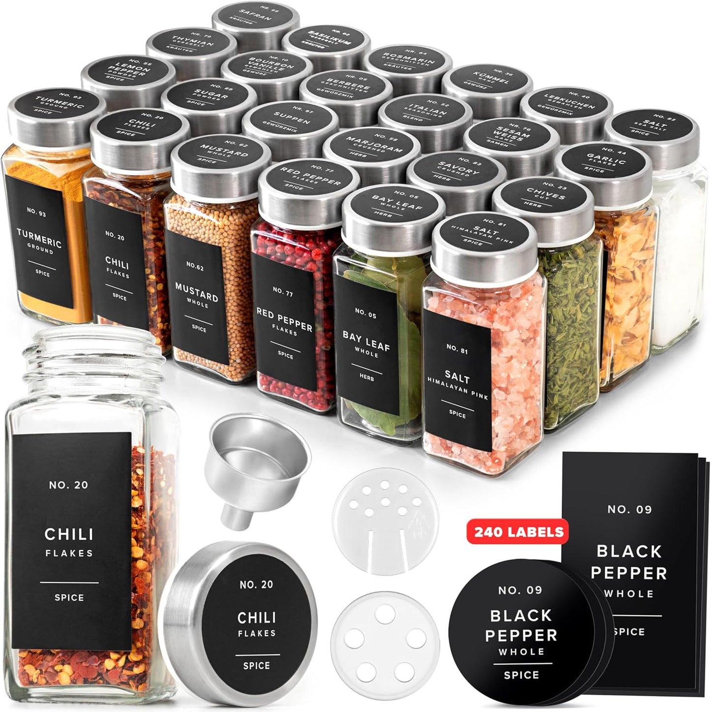 Tarros vidrio especias con tapas acero 24oz organiz.