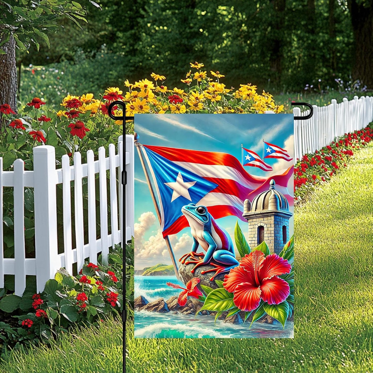 Bandera Puerto Rico 12x18" rana coqui hibisco