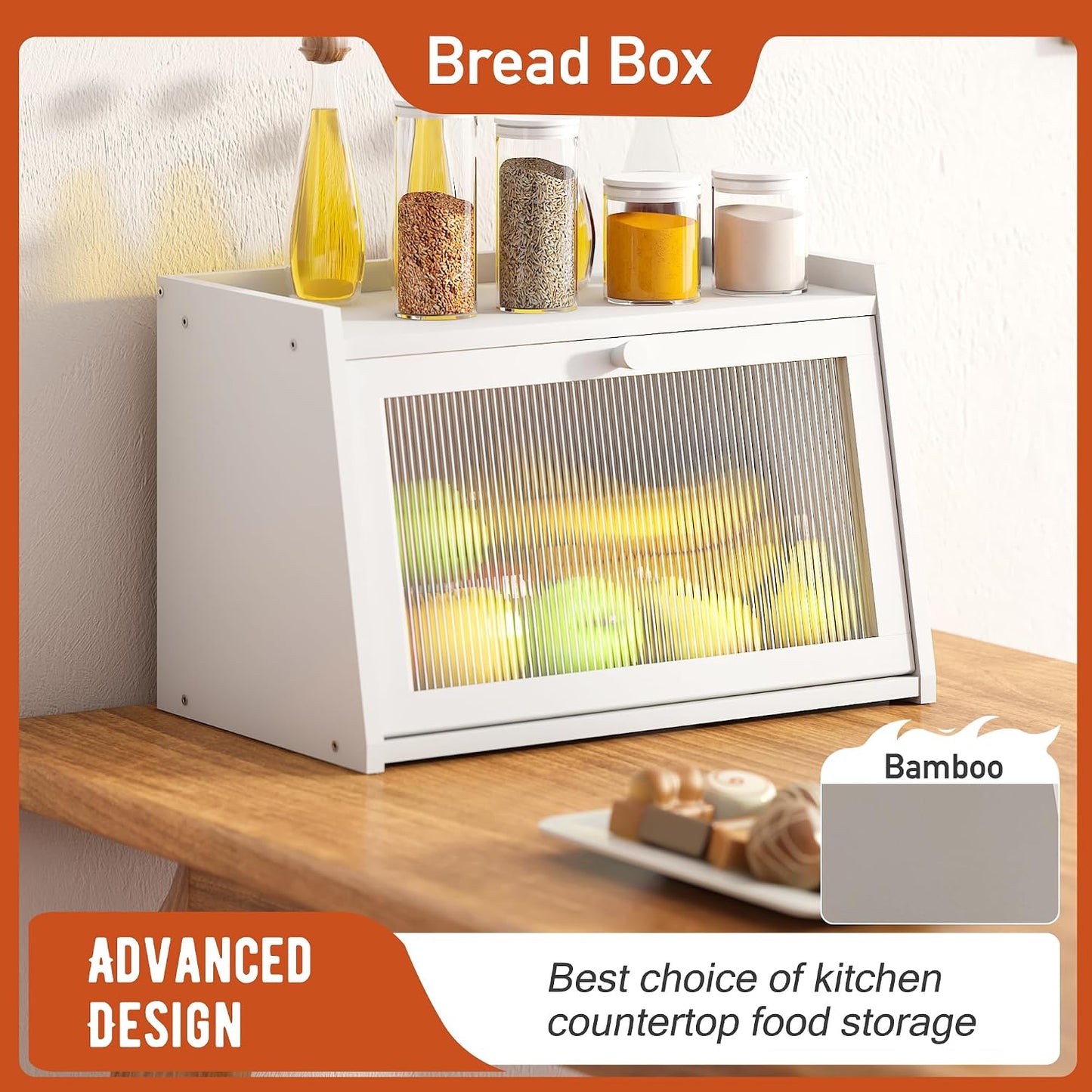 Caja pan bambú encimera cocina con puerta acrílico blanco