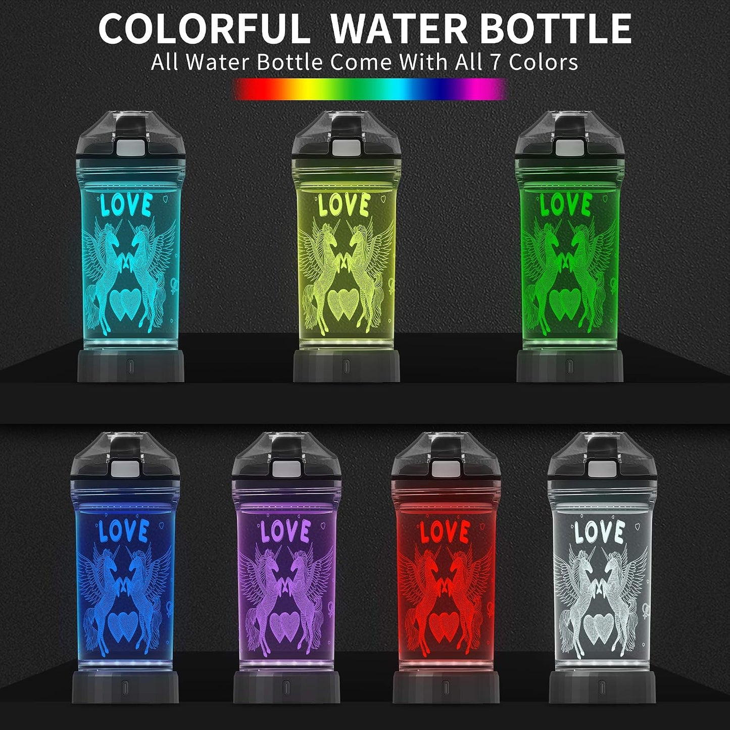 Botella agua unicornio LED Tritan para niña viaje regalo