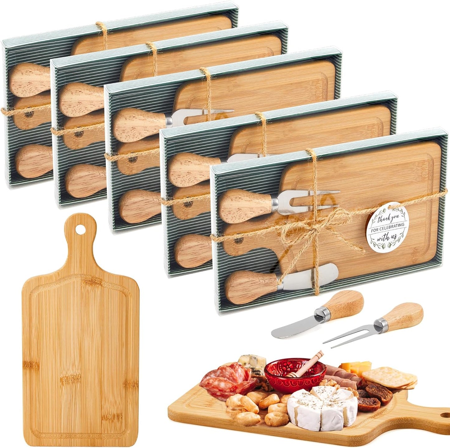 5 Set Tablas Queso Madera con Cuchillos y Etiquetas
