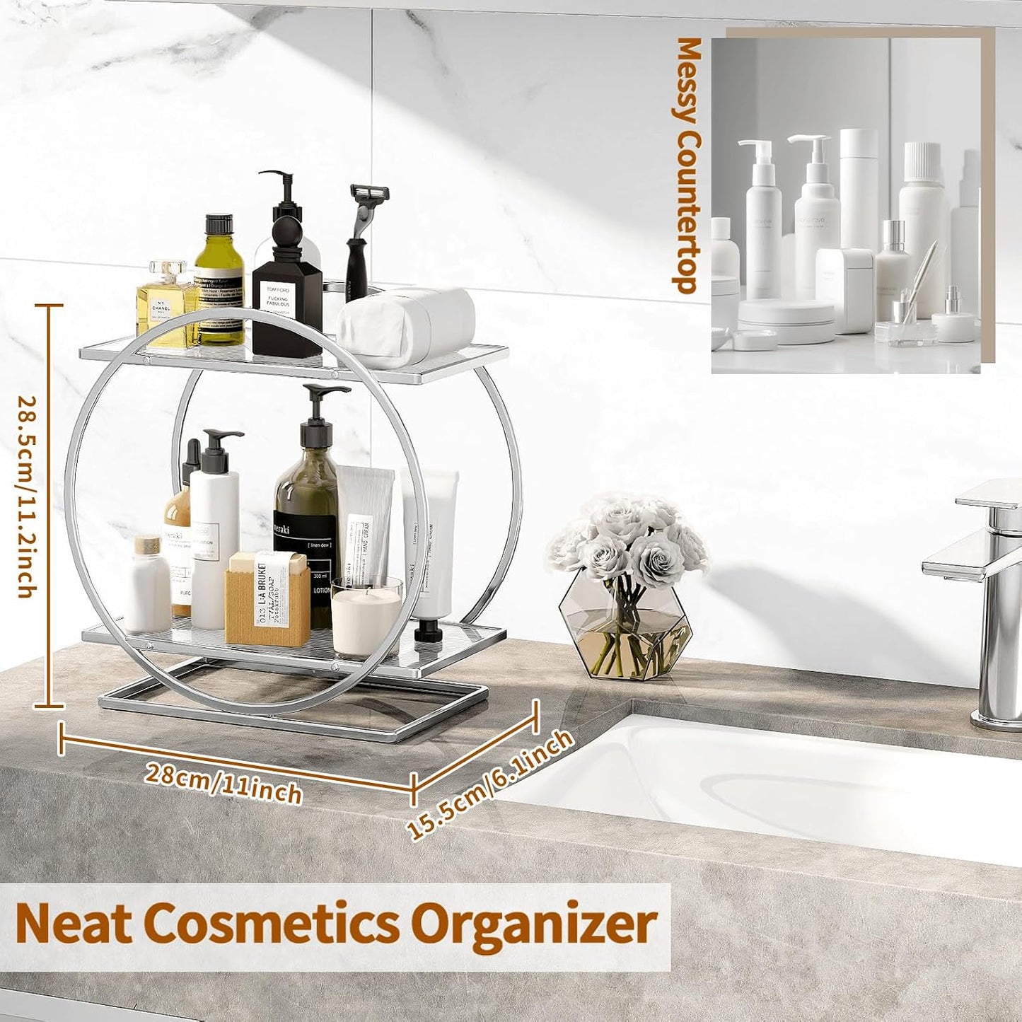 Organiz. perfumes y maquillaje plateado 2 niveles