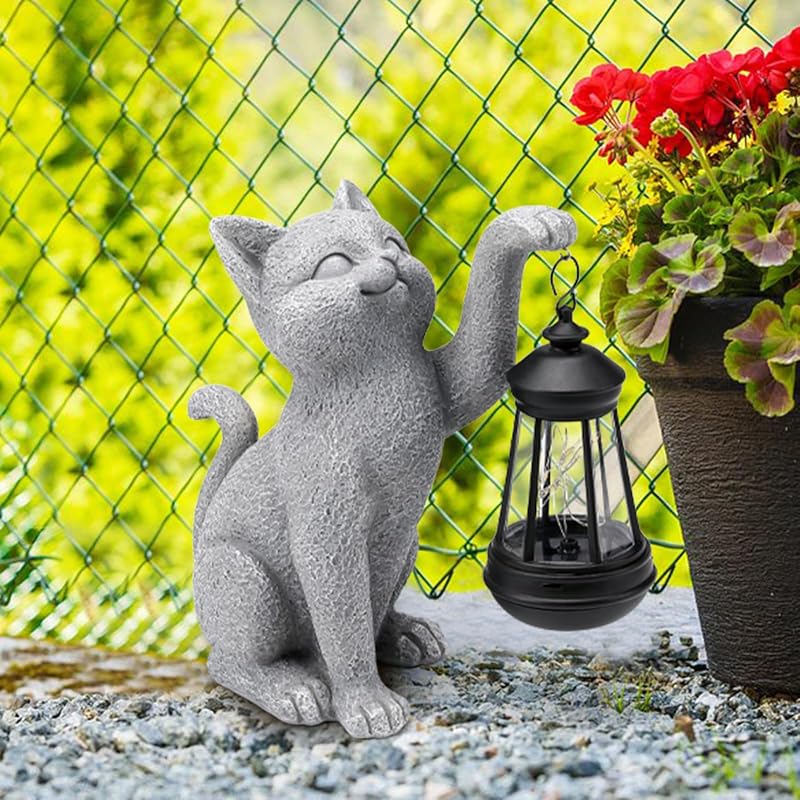 Estatua gato resina linterna LED para jardín y regalo mujer