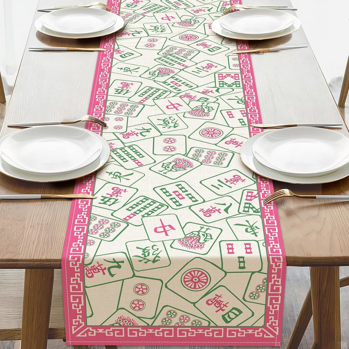 Camino Mesa Comedor Mahjong Decoración Cocina Arpillera Rosa Verde