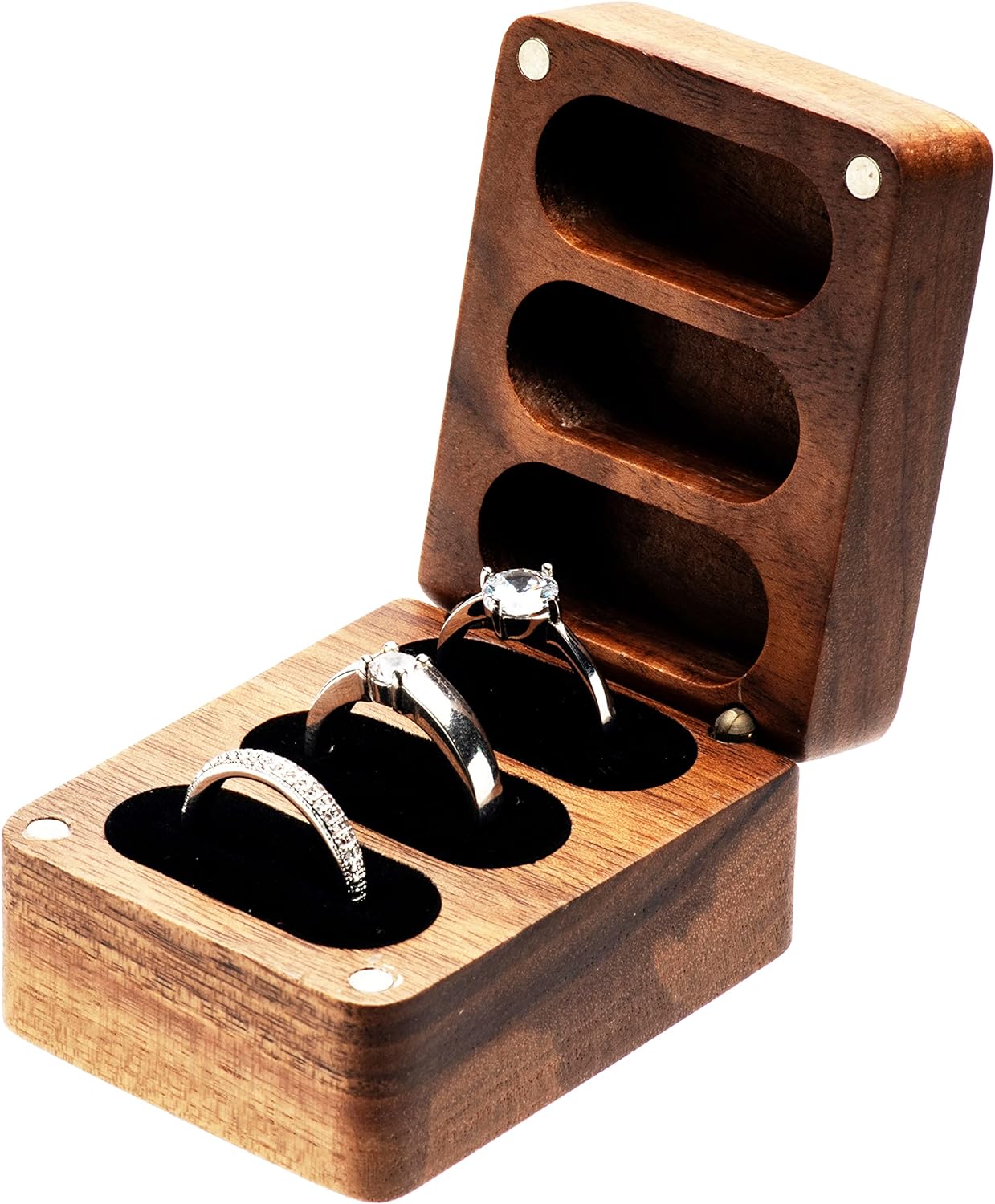 Caja madera nogal soporte anillos boda interior negro