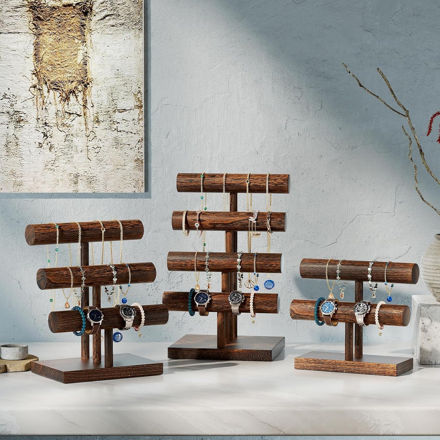 Soporte madera para pulseras y relojes con barra T