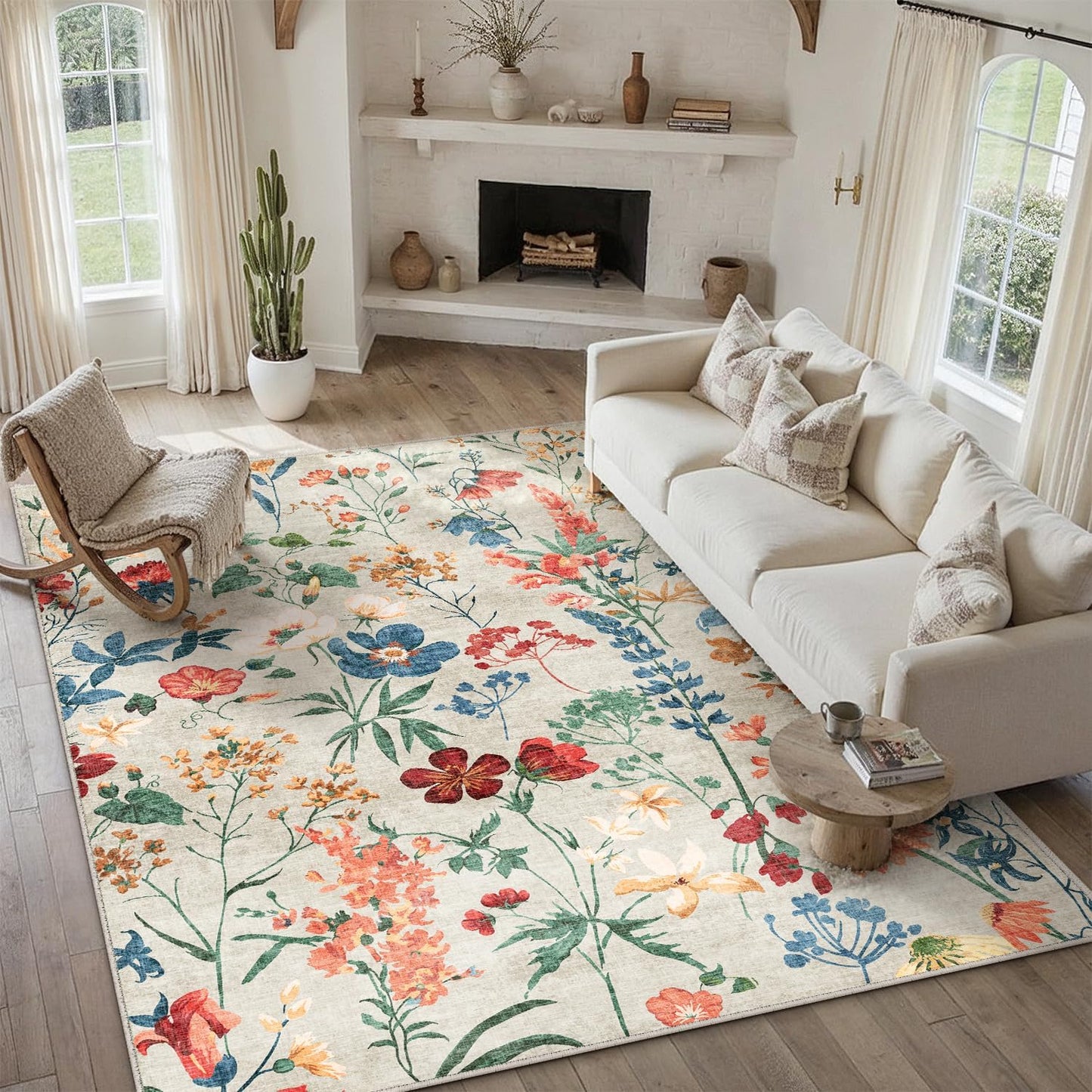 Alfombra beige 5x7 florales sala cocina boho antiderrap