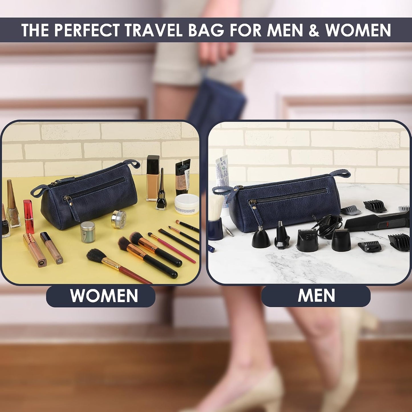 Bolsa maquillaje cuero genuino con cremallera azul