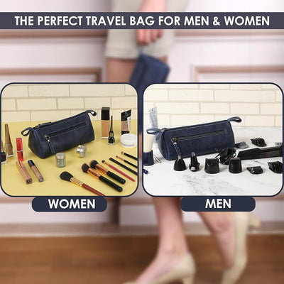 Bolsa maquillaje cuero genuino con cremallera azul