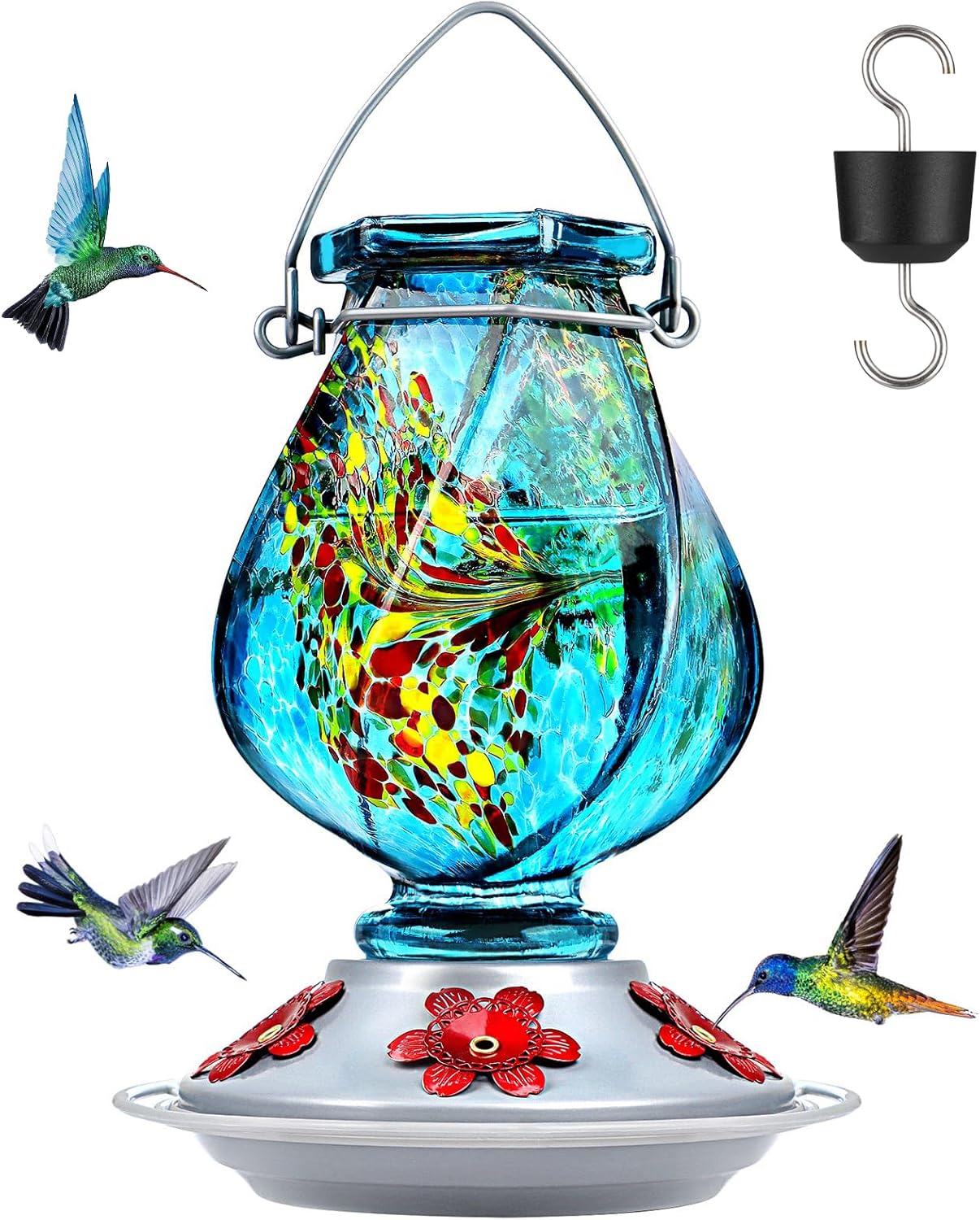 Comedero colibrí vidrio azul con foso hormigas 22oz