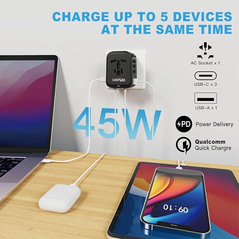 Adaptador enchufe mundial 45W GaN con 3 USB-C y 1 USB-A