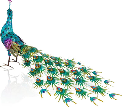Estatua pavo real metal grande 33pulg azul