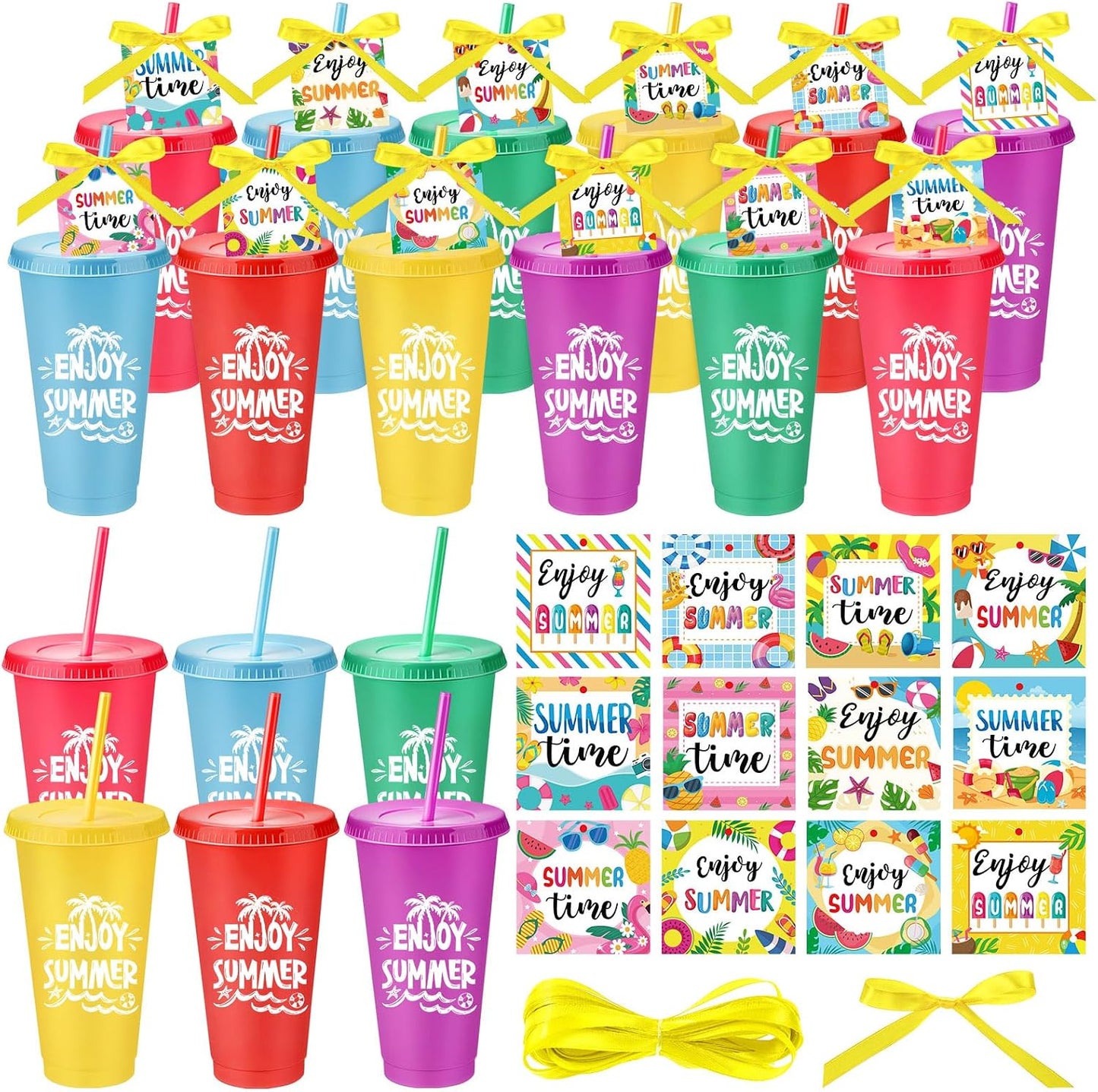 24 Vasos 24oz con Tapas Pajitas Regalo Verano Playa