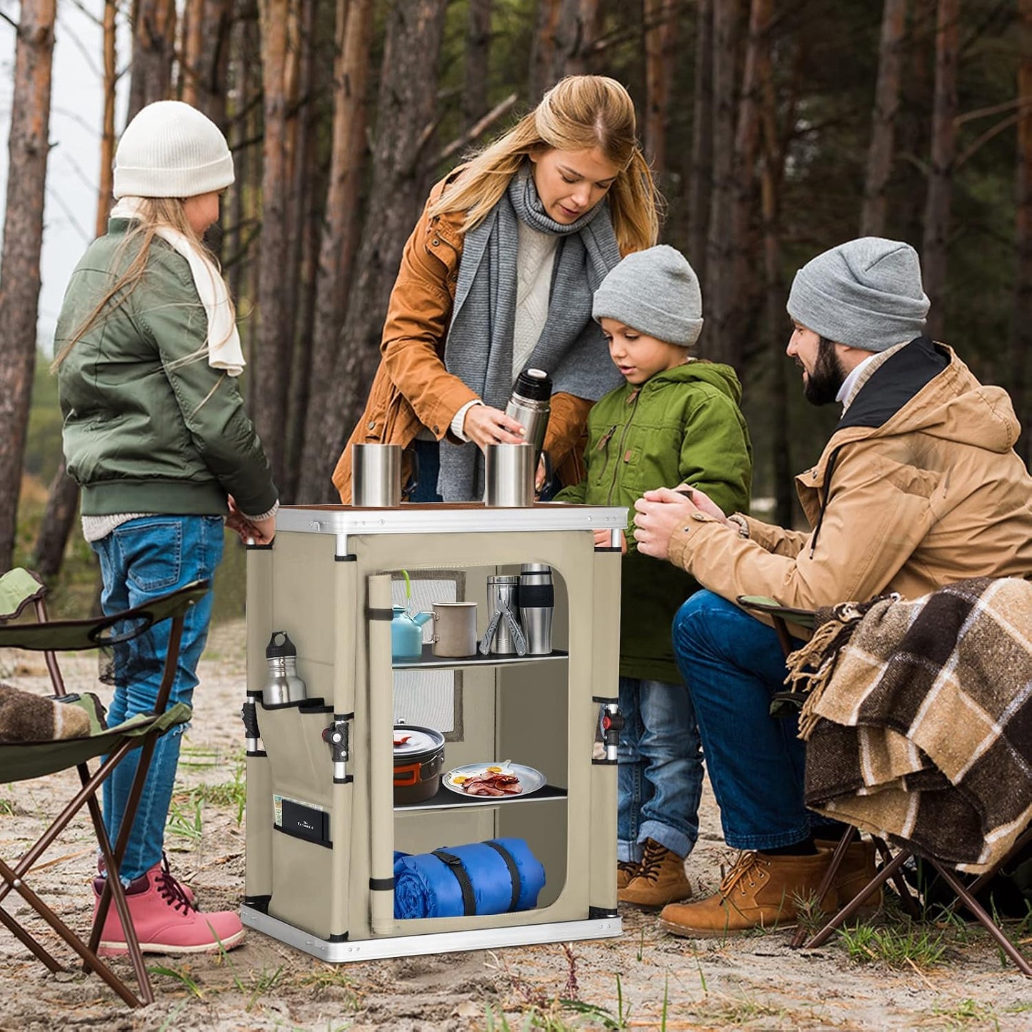 Mesa camping plegable aluminio beige con organiz. 3 niveles