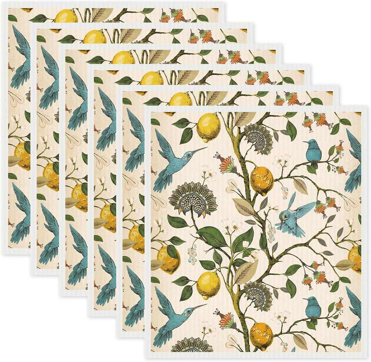 Paquete de 6 paños de cocina con diseño de pájaros de limón sueco reutilizables