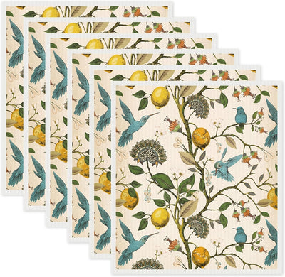 Paquete de 6 paños de cocina con diseño de pájaros de limón sueco reutilizables
