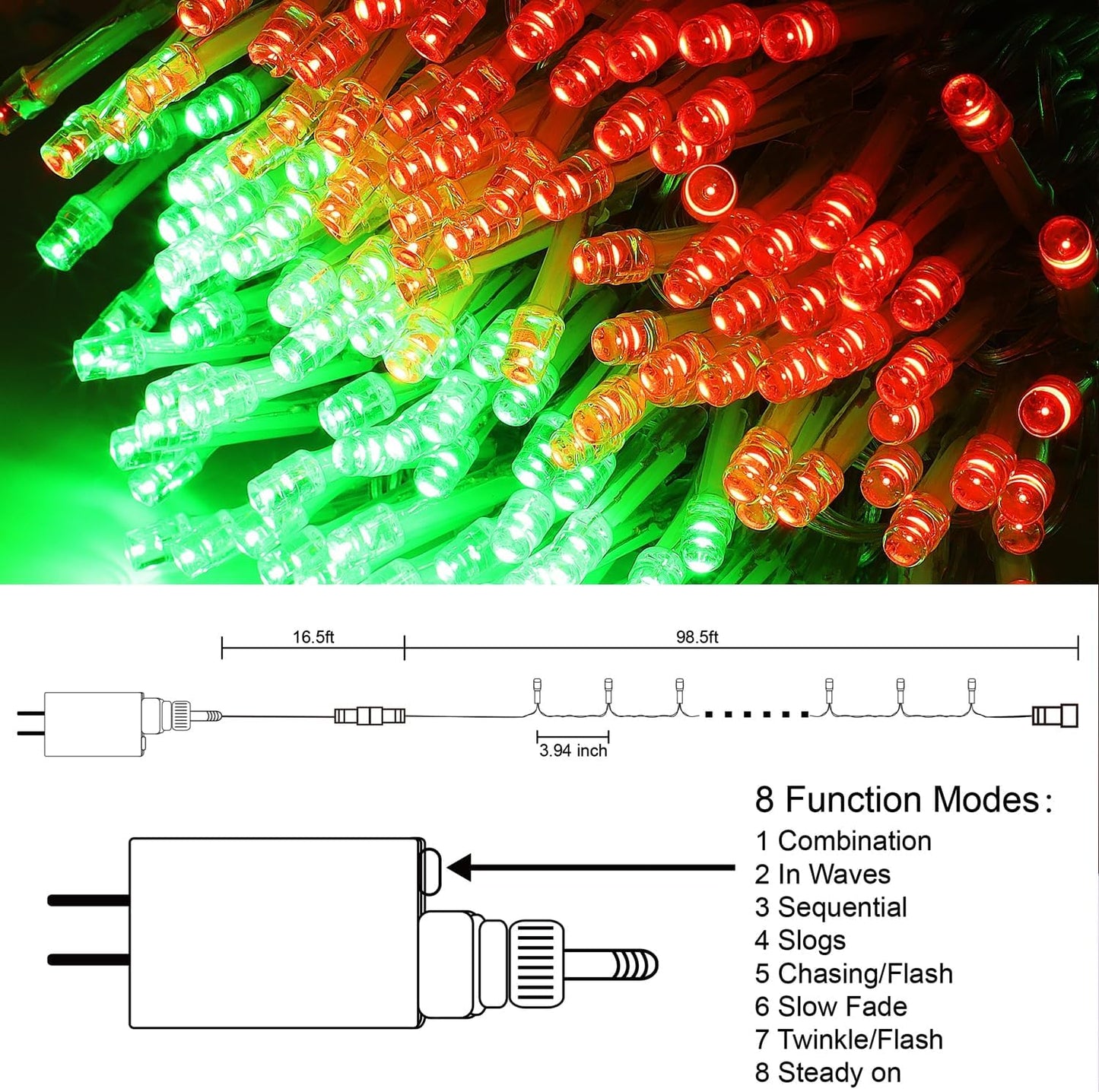 Tira luces LED Navidad 98.5pies 8 modos impermeables
