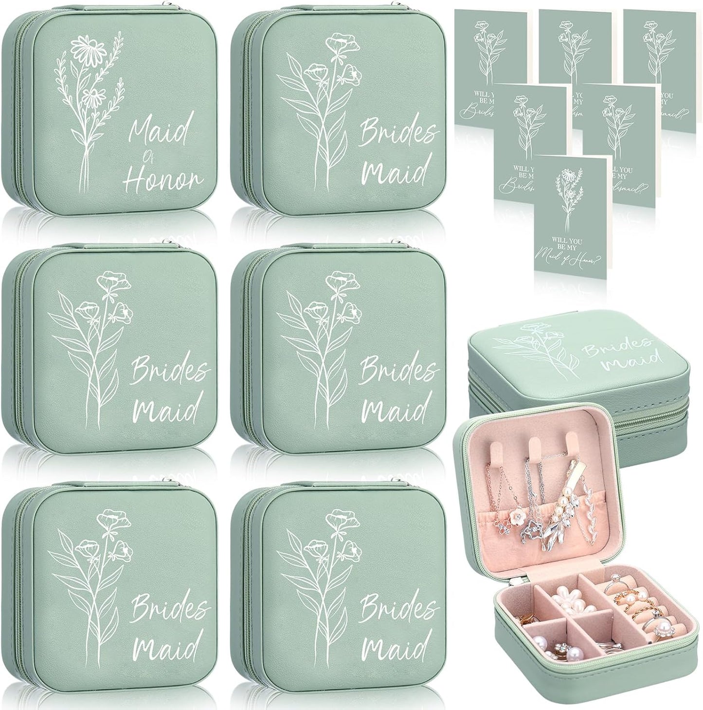 6 Set Regalos Dama Honor Joyas Viaje Caja Verde Salvia