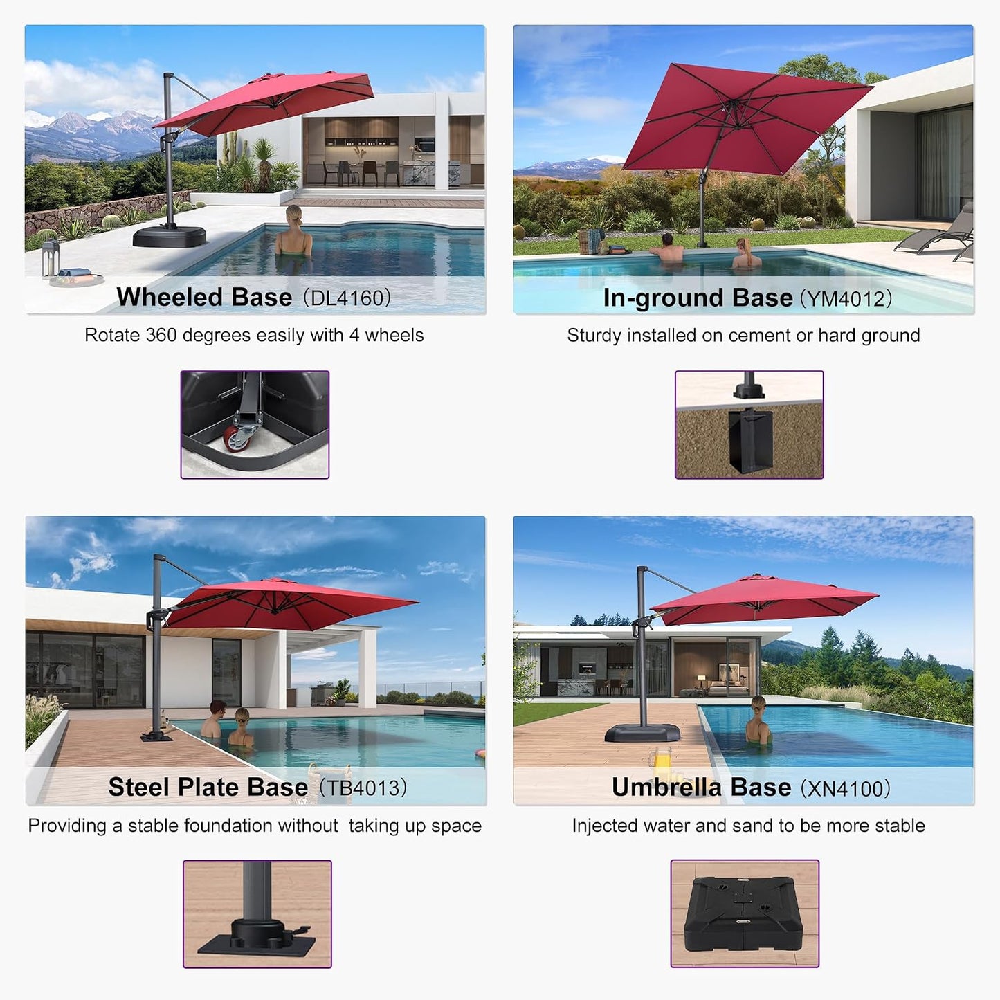 Sombrilla patio 8x8pulg aluminio piscina rotación 360