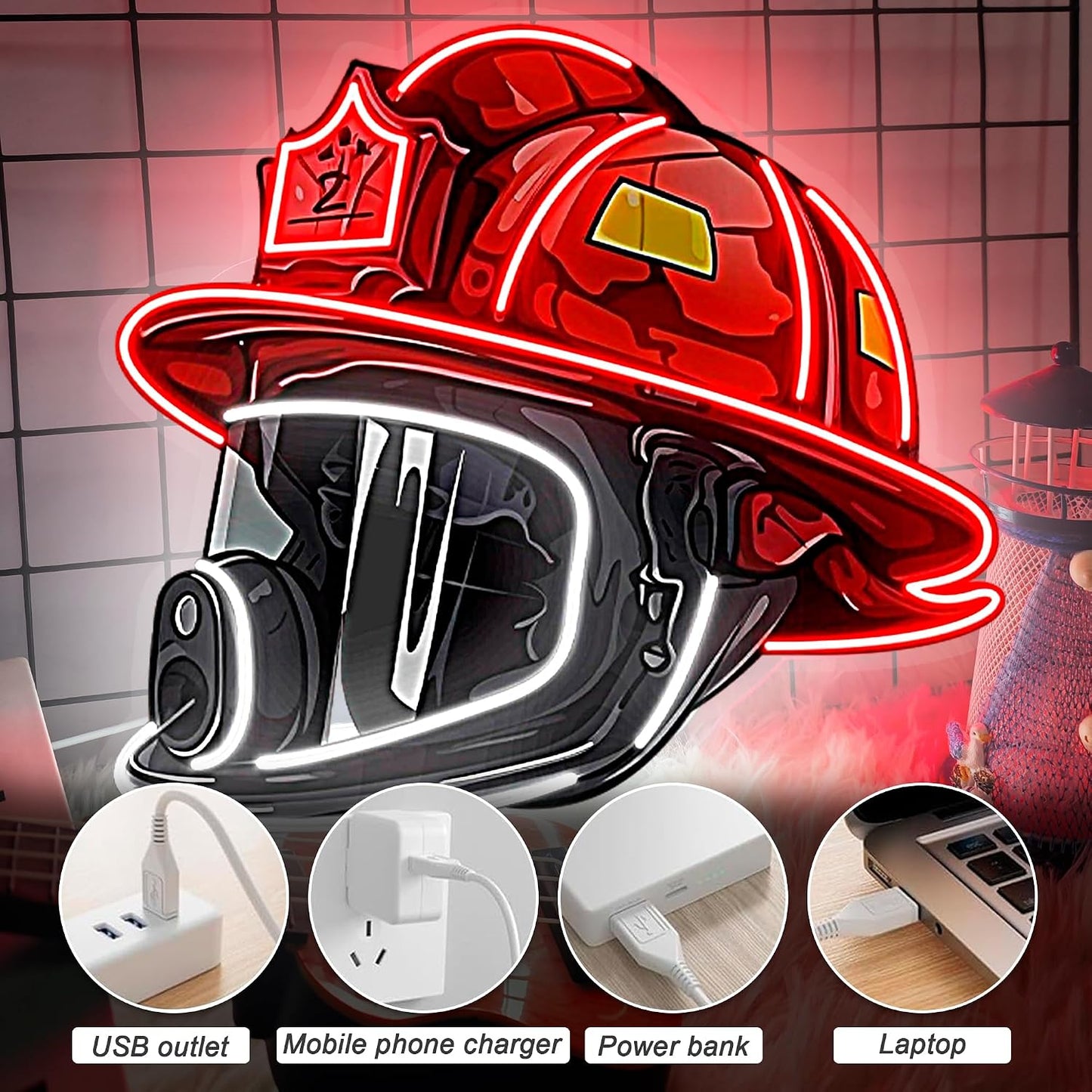 Letrero neón USB para casco bombero decoración estación