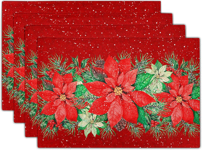 4 Manteles Rojos con Poinsettias 12x18pulg para Mesa