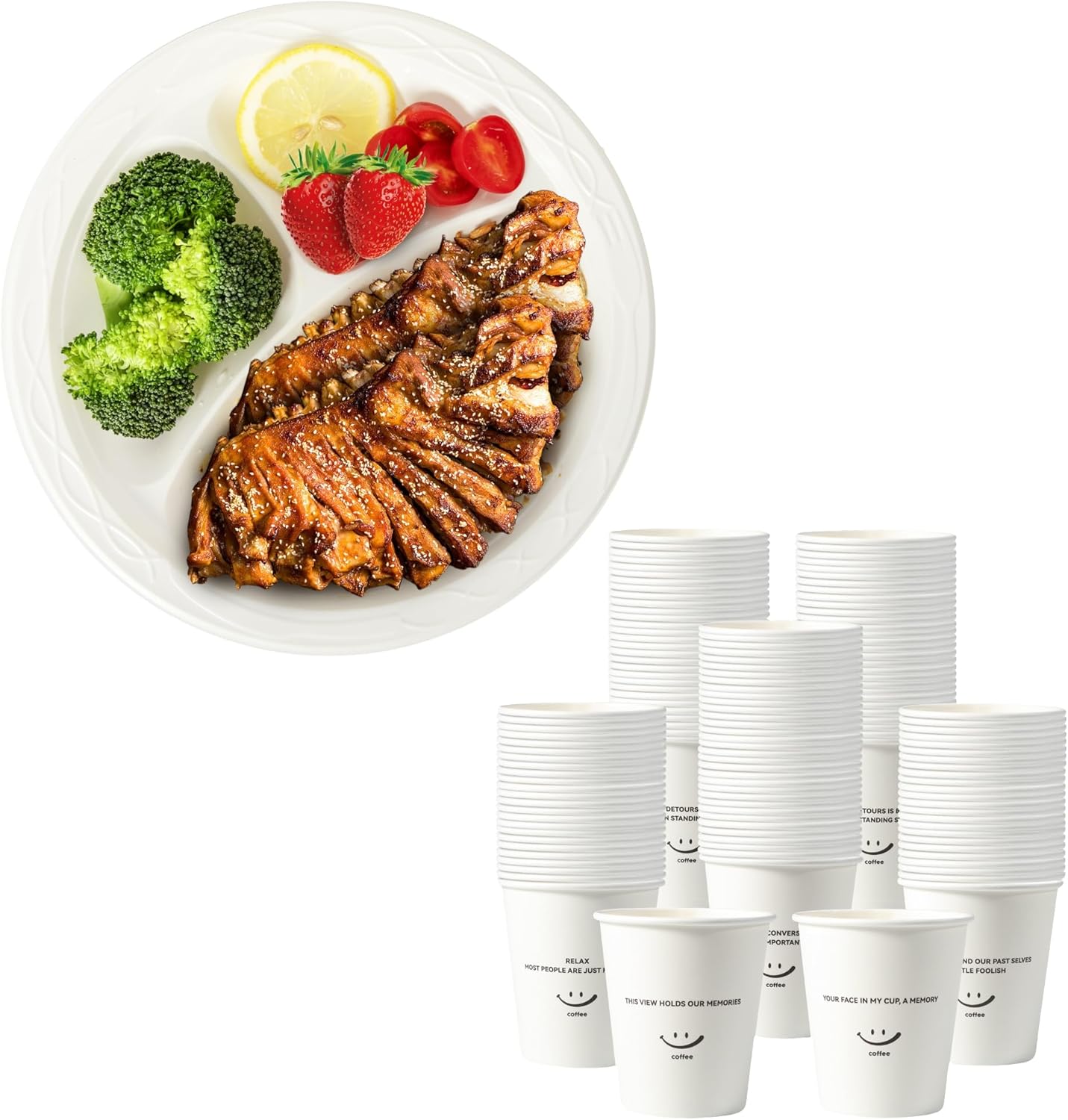 Platos 3 compartimentos 10" 150 pzas y vasos 12oz 300 pzas