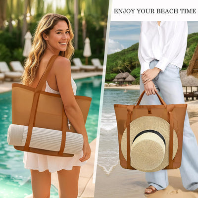 Bolsa playa malla para mujer a prueba de arena camello