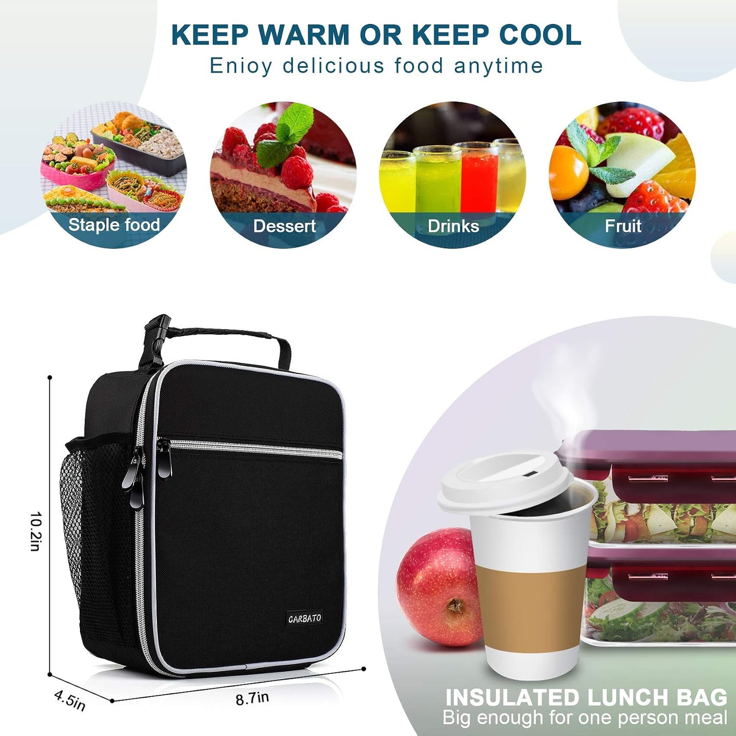 Bolsa almuerzo aislada duradera reutiliz. negro