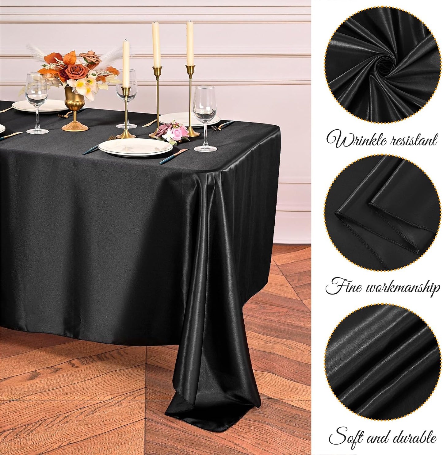 6 Manteles Satén 108x57pulg Negro para Bodas y Fiestas