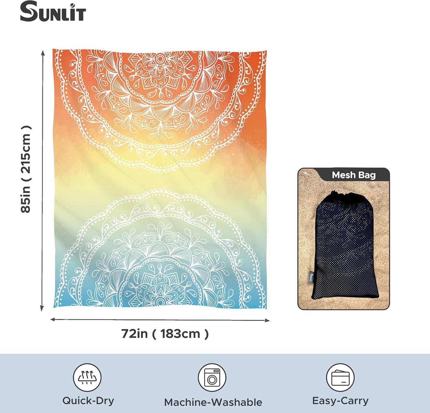 Manta playa suave 106x81" diseño mandala con bolsillos