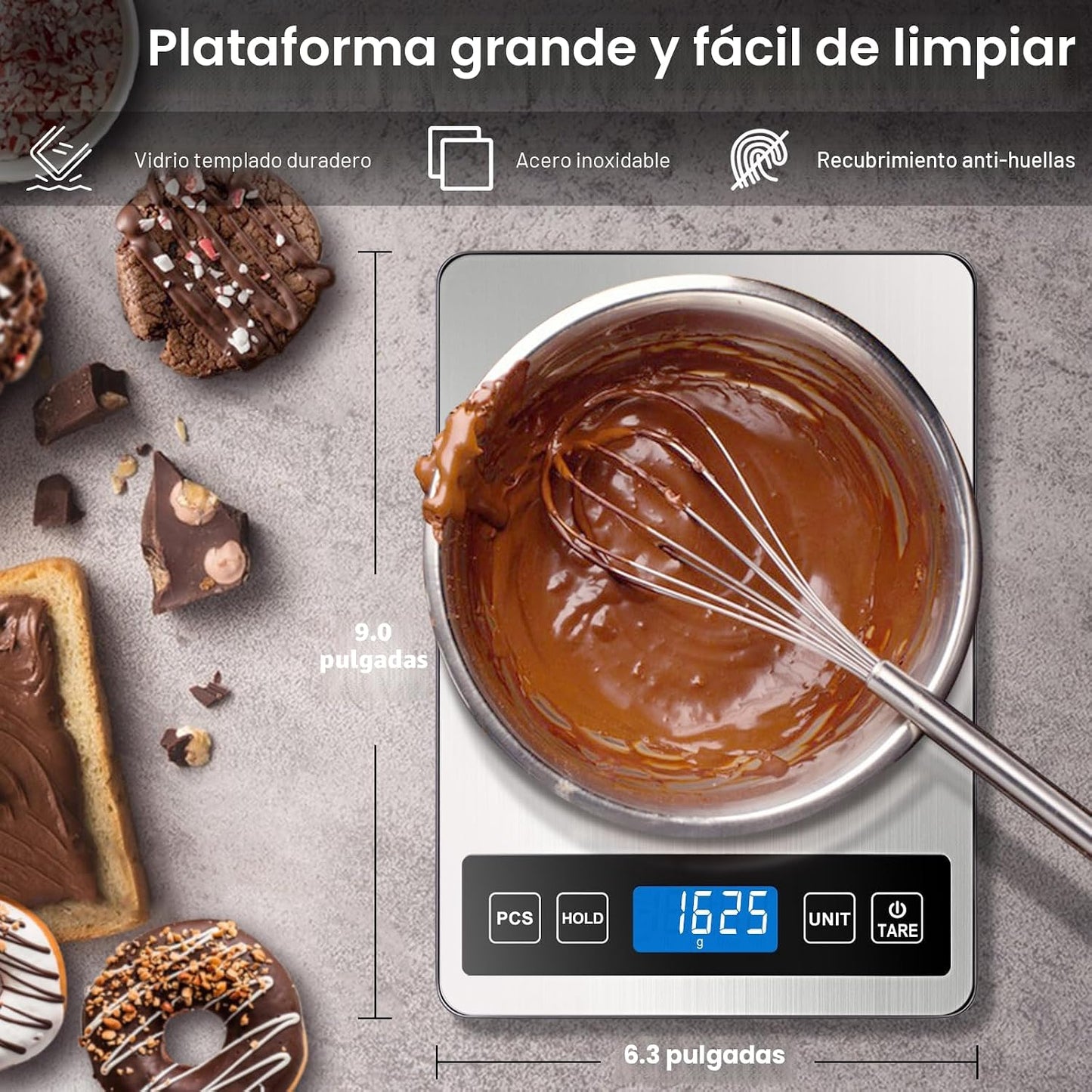 Báscula cocina digital 1g/0.1oz 22lb acero inox vidrio templado